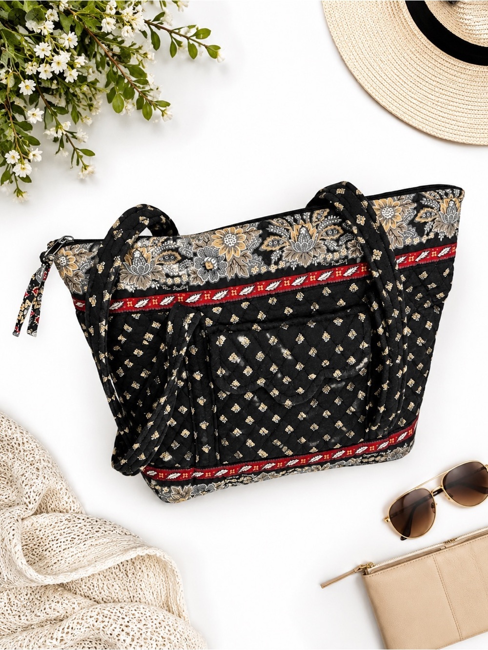 Vera Bradley Black Quilted Floral Print Tote Bag Shoulder Purse Large